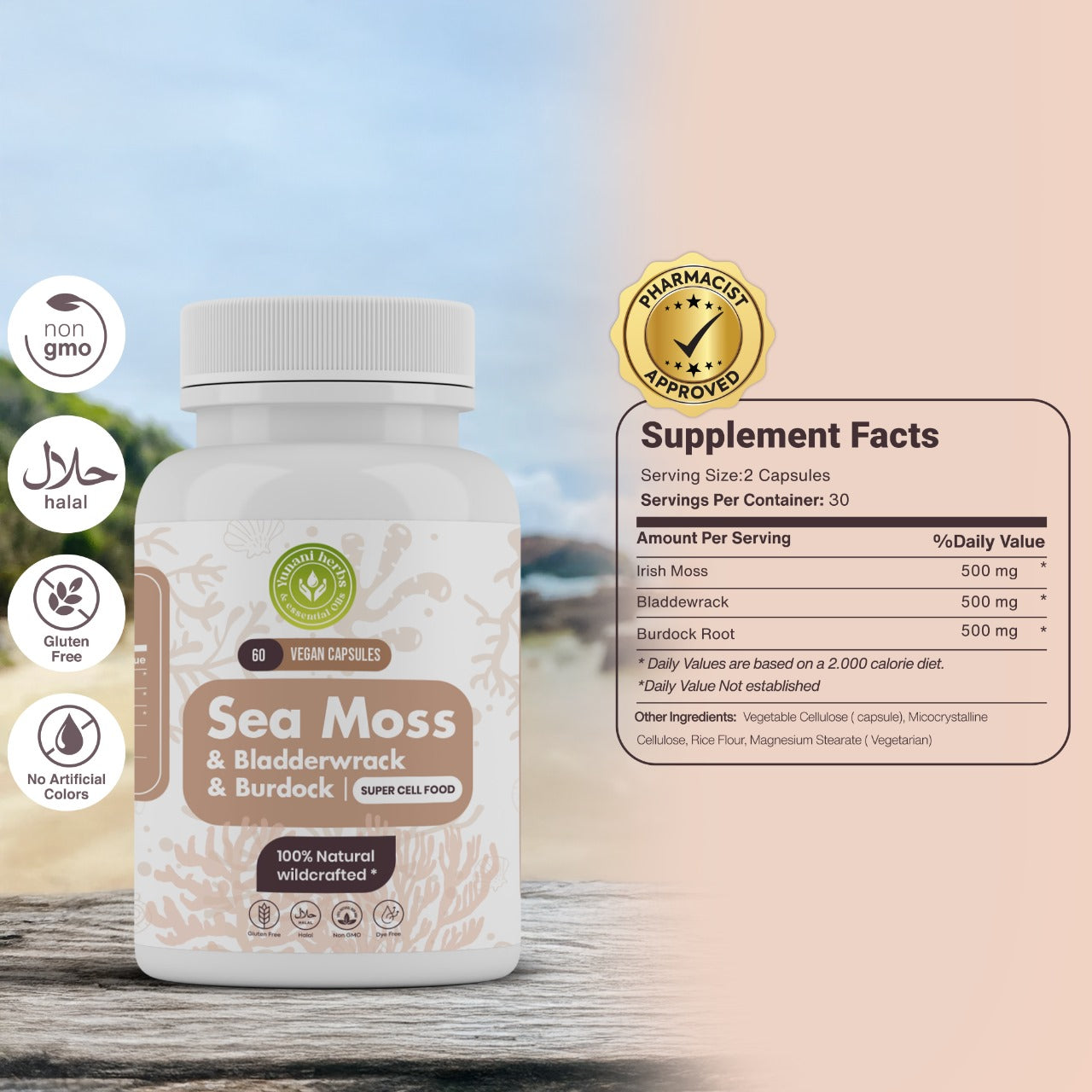 Sea Moss Bladderwrack Burdock 500mg each 60 vegan capsules
