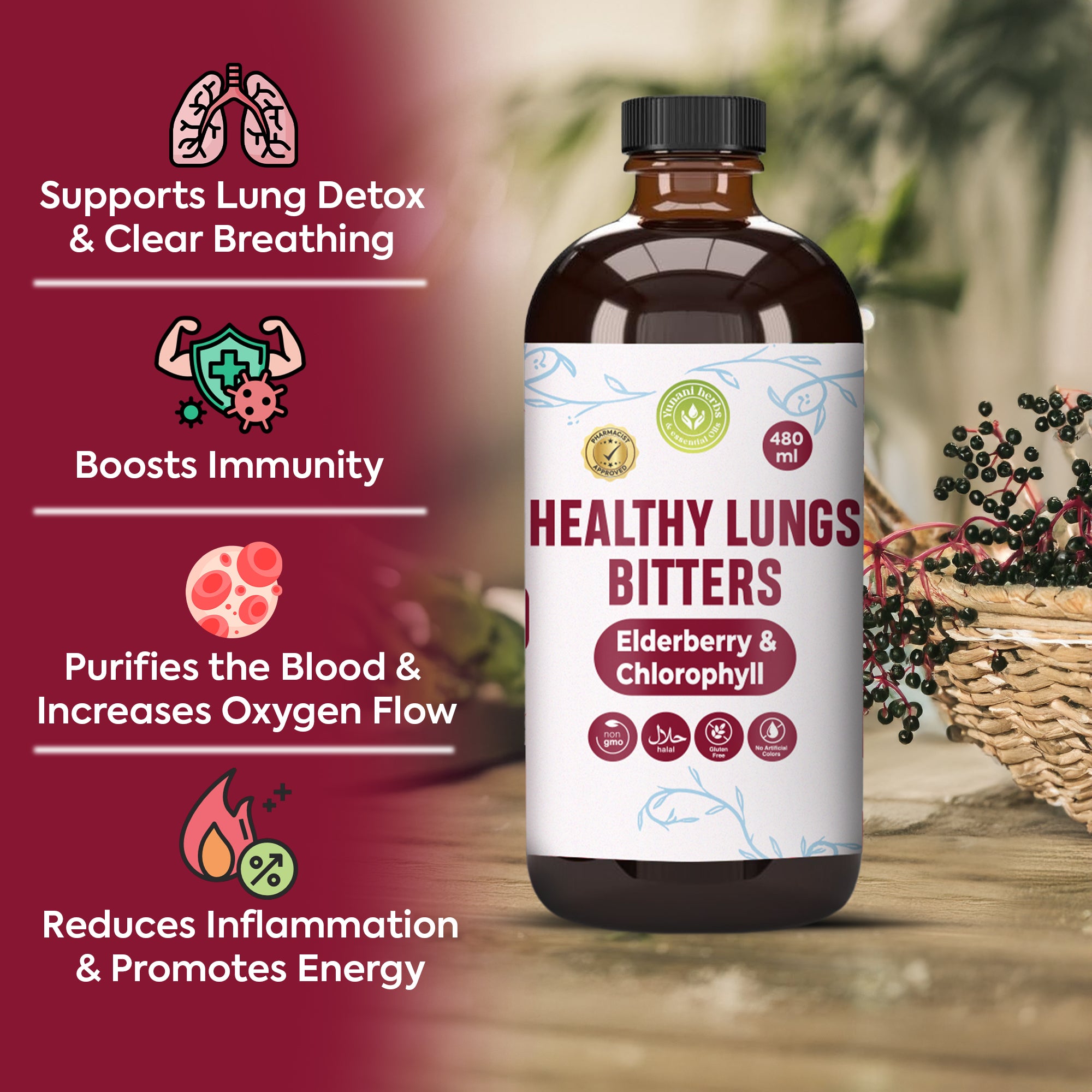Healthy lungs bitters with Elderberry and Chlorophyl 480 mls