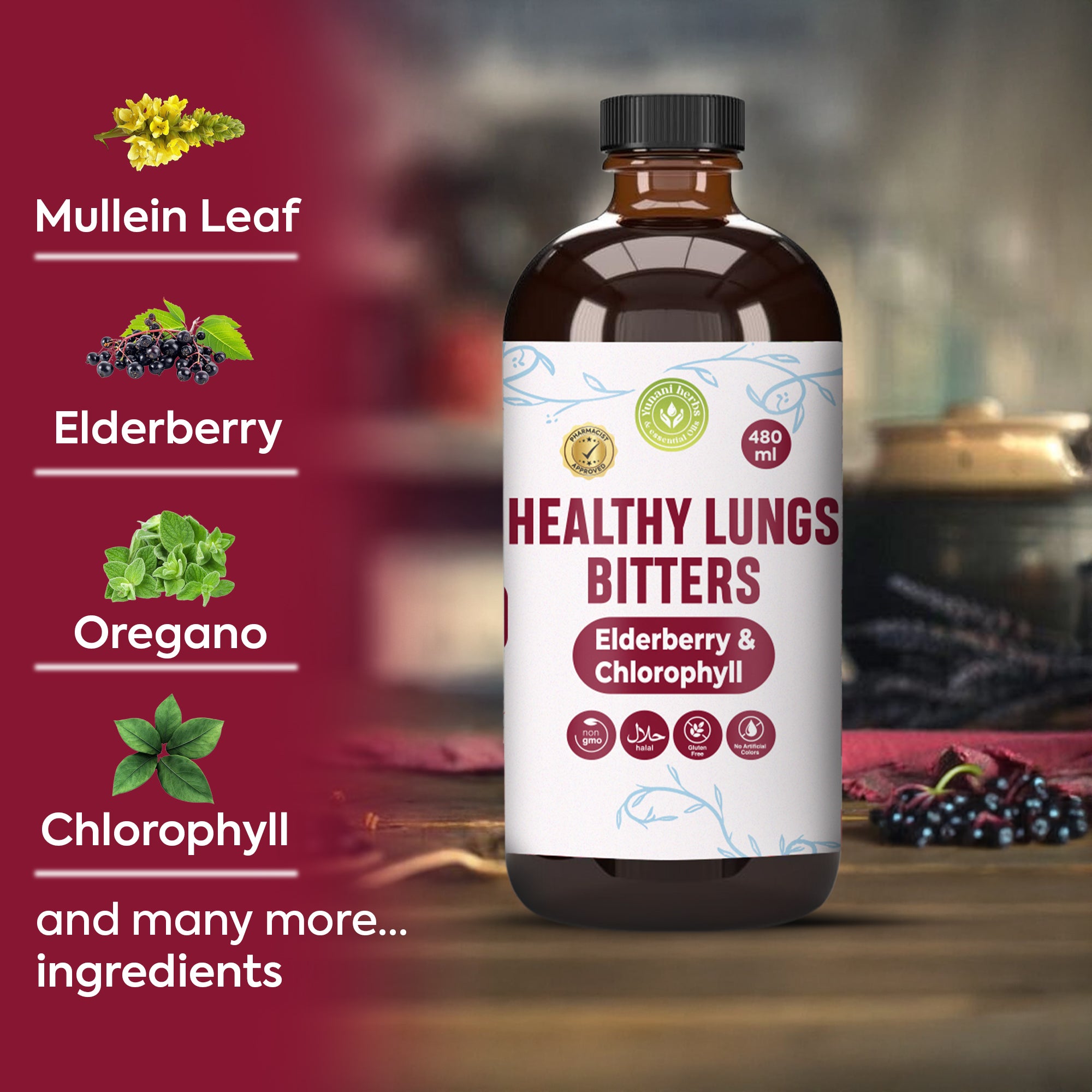 Healthy lungs bitters with Elderberry and Chlorophyl 480 mls