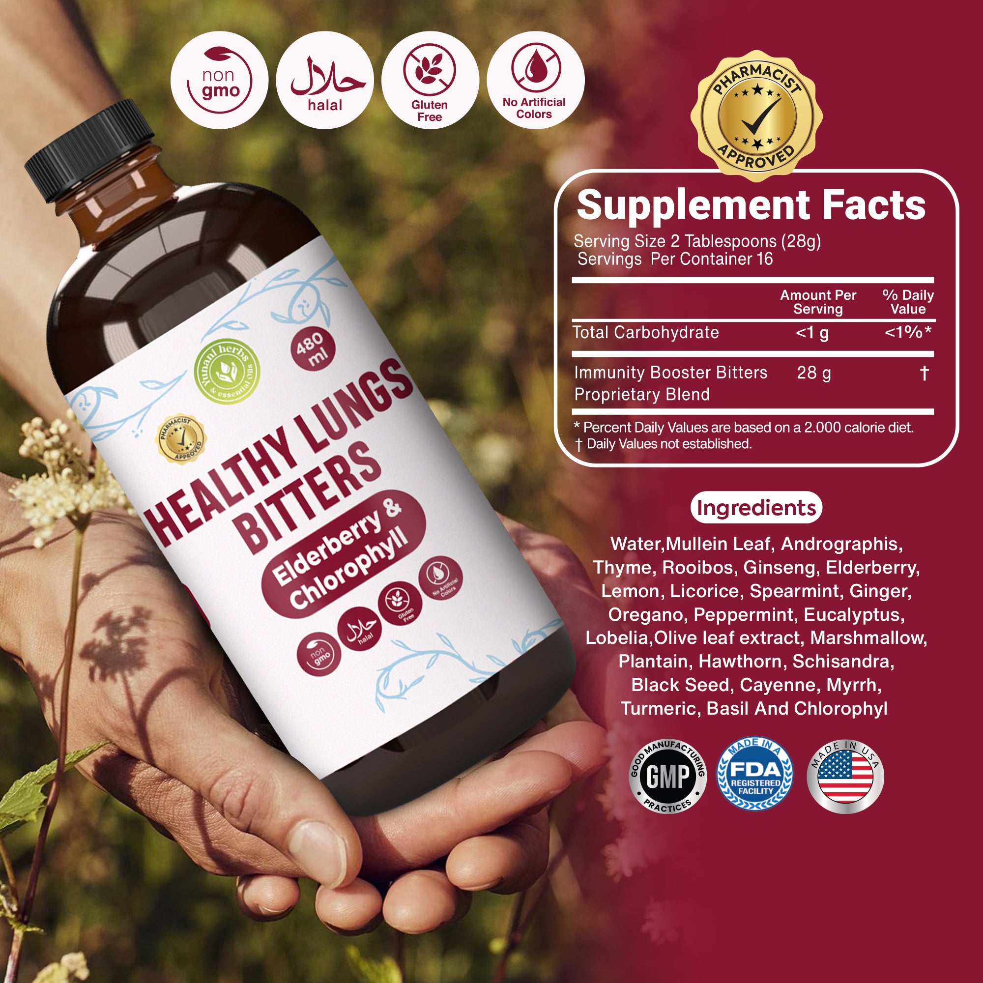 Healthy lungs bitters with Elderberry and Chlorophyl 480 mls